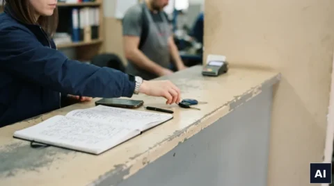 Lada warsztatu z otwartym zeszytem zawierającym dane klientów